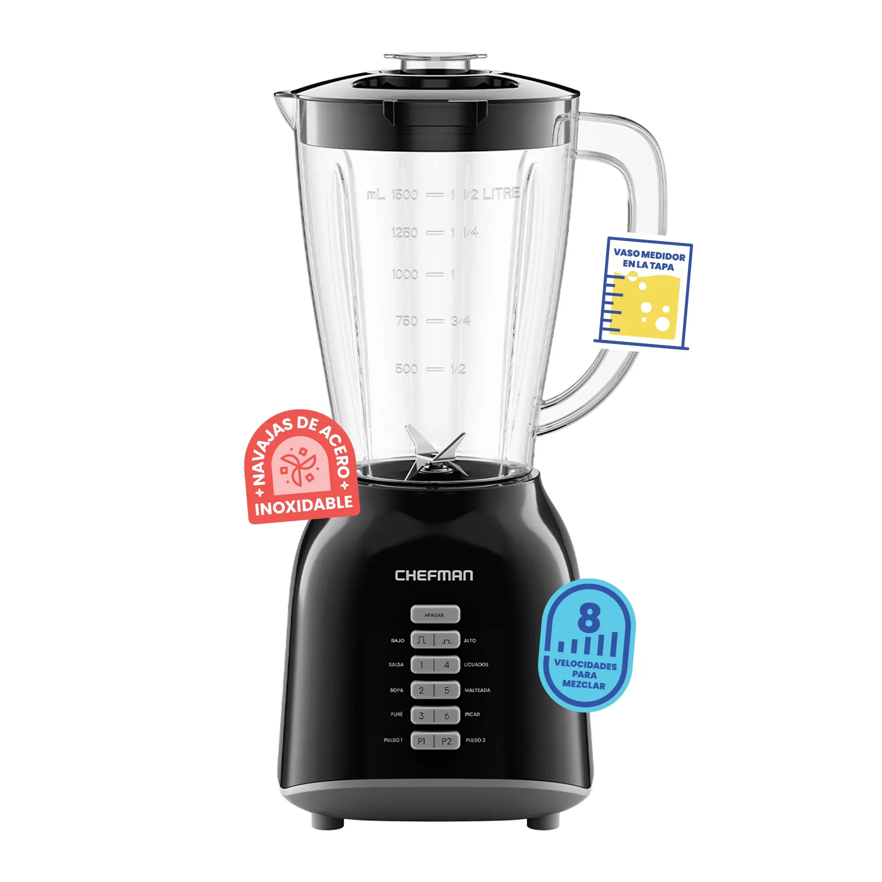 Licuadora Chefman 1.5L 8 Velocidades Vaso de Plástico RJ27-15-PJ-MX