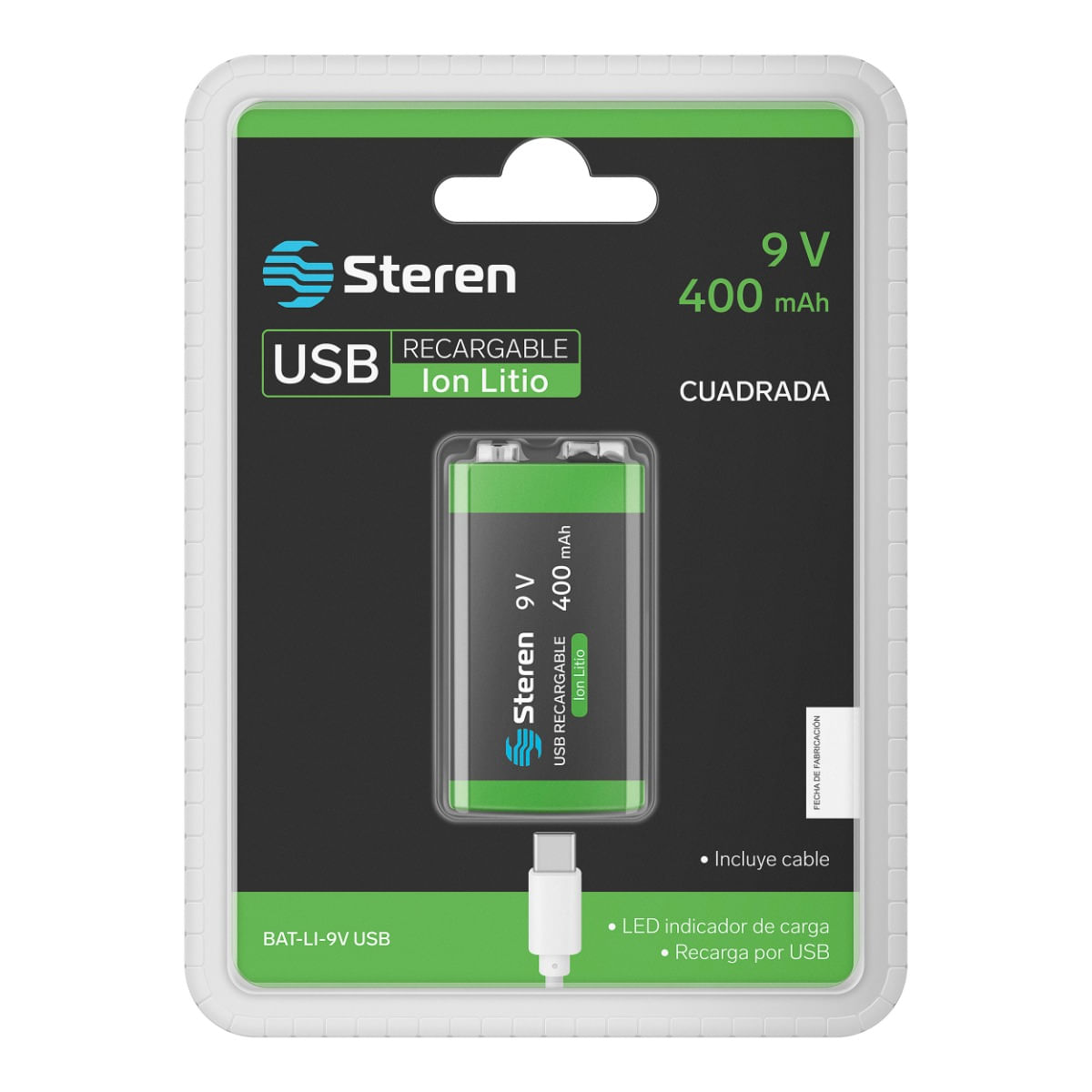 Batería Steren recargable USB Li-Ion tipo 9V cuadrada de 400 mAh BAT-LI-9V USB