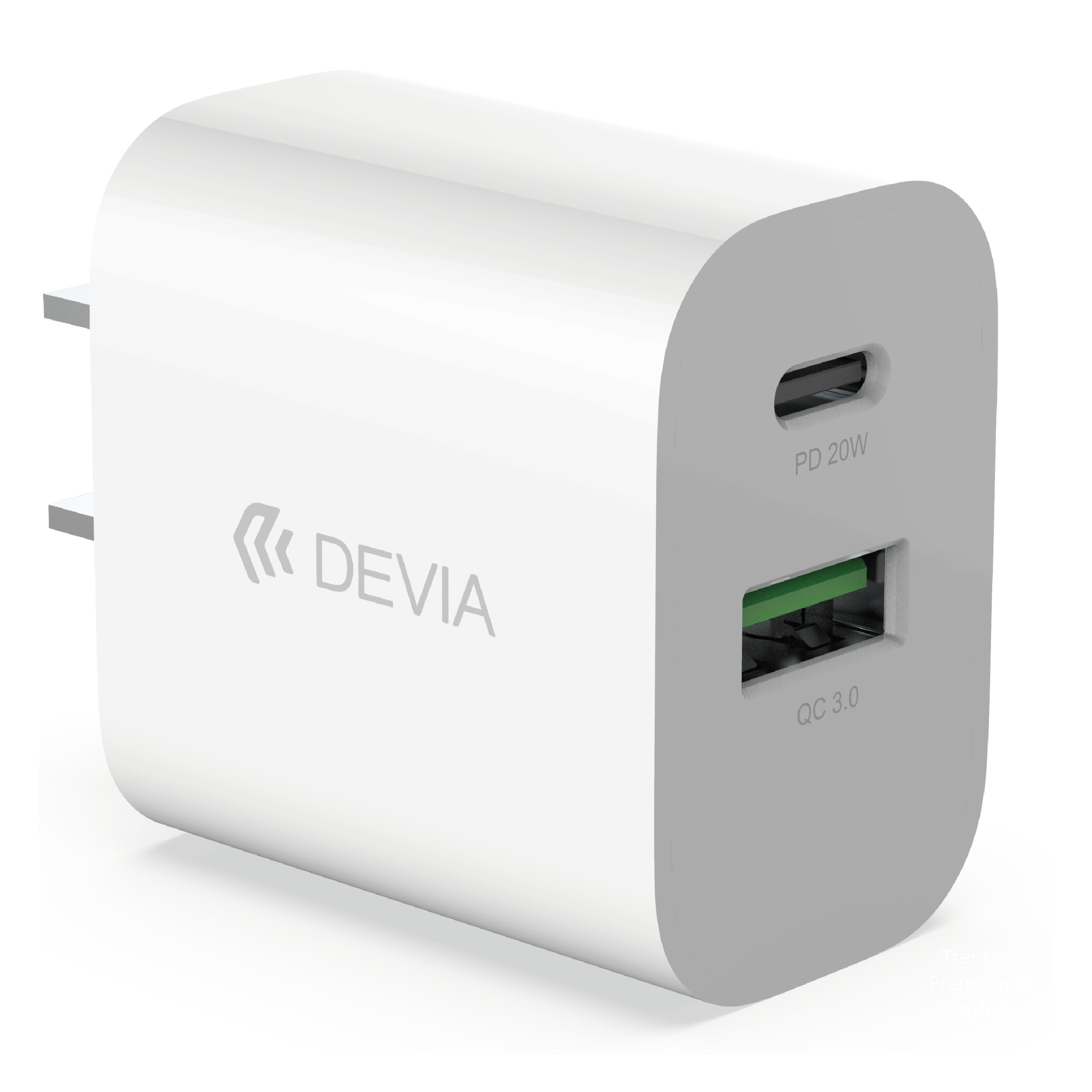 Cargador rapido Devia 20W USB-C + USB doble puerto, para iPhone 16, Samsung Galaxy Series S - A y otros, blanco