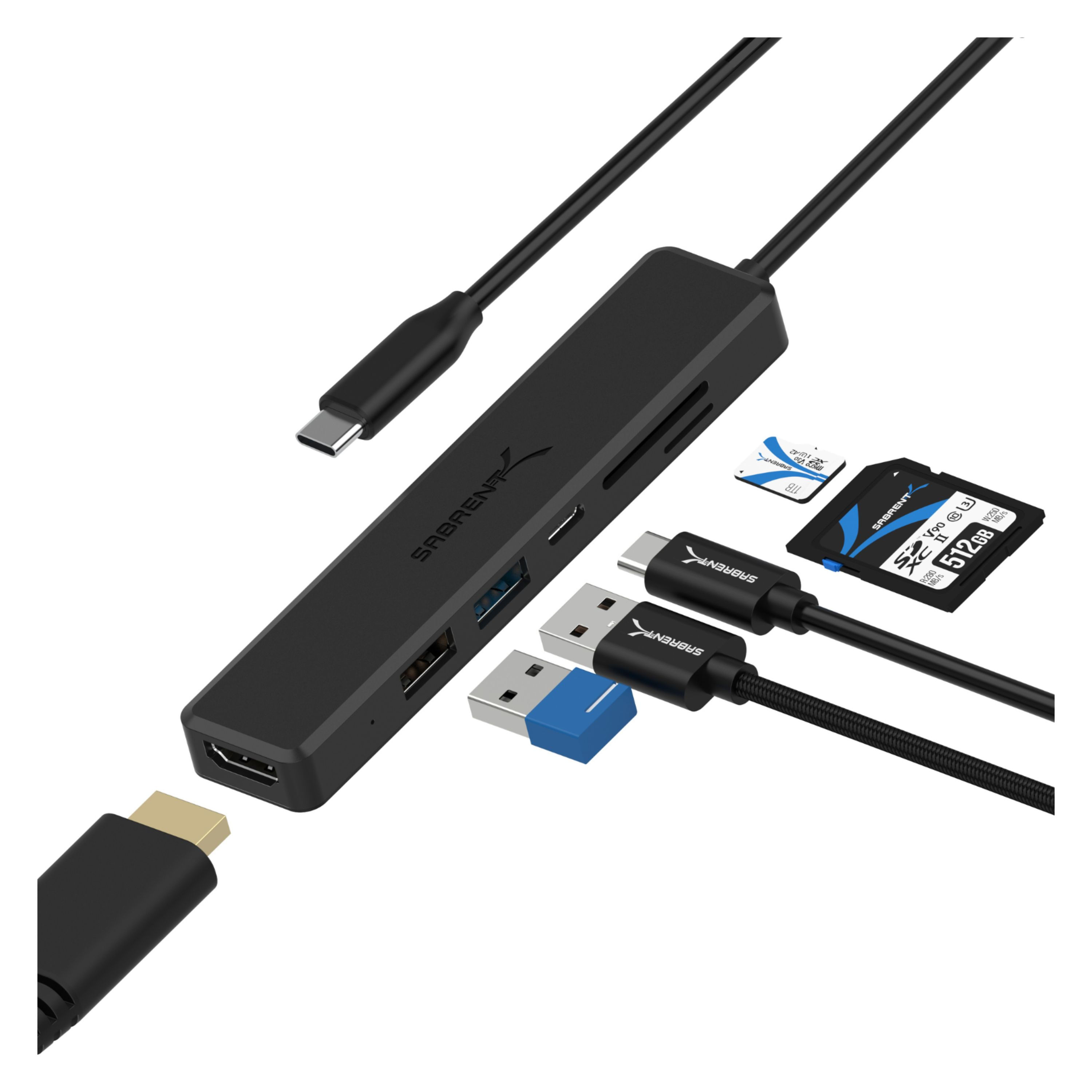 Hub USB‑C Sabrent multipuerto con HDMI 4K, carga 60W, USB 3.0, USB 2.0 y lector SD, ideal para MacBook y Laptop