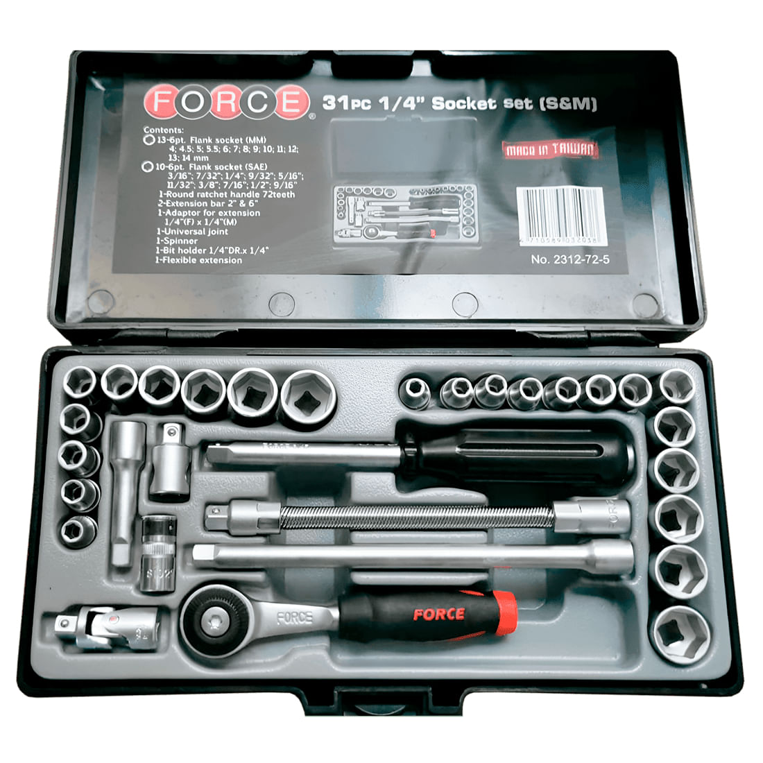 Juego cubos hex.espiga 1/4", 31 piezas 4 - 14 mm/3/16-9/16" c/caja FORCE
