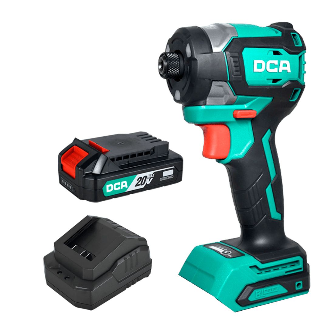 Atornillador de impacto bateria 20v 6.35mm (1/4") 208nm 600w sin carbones+ 1 bat 2ah y carg DCA