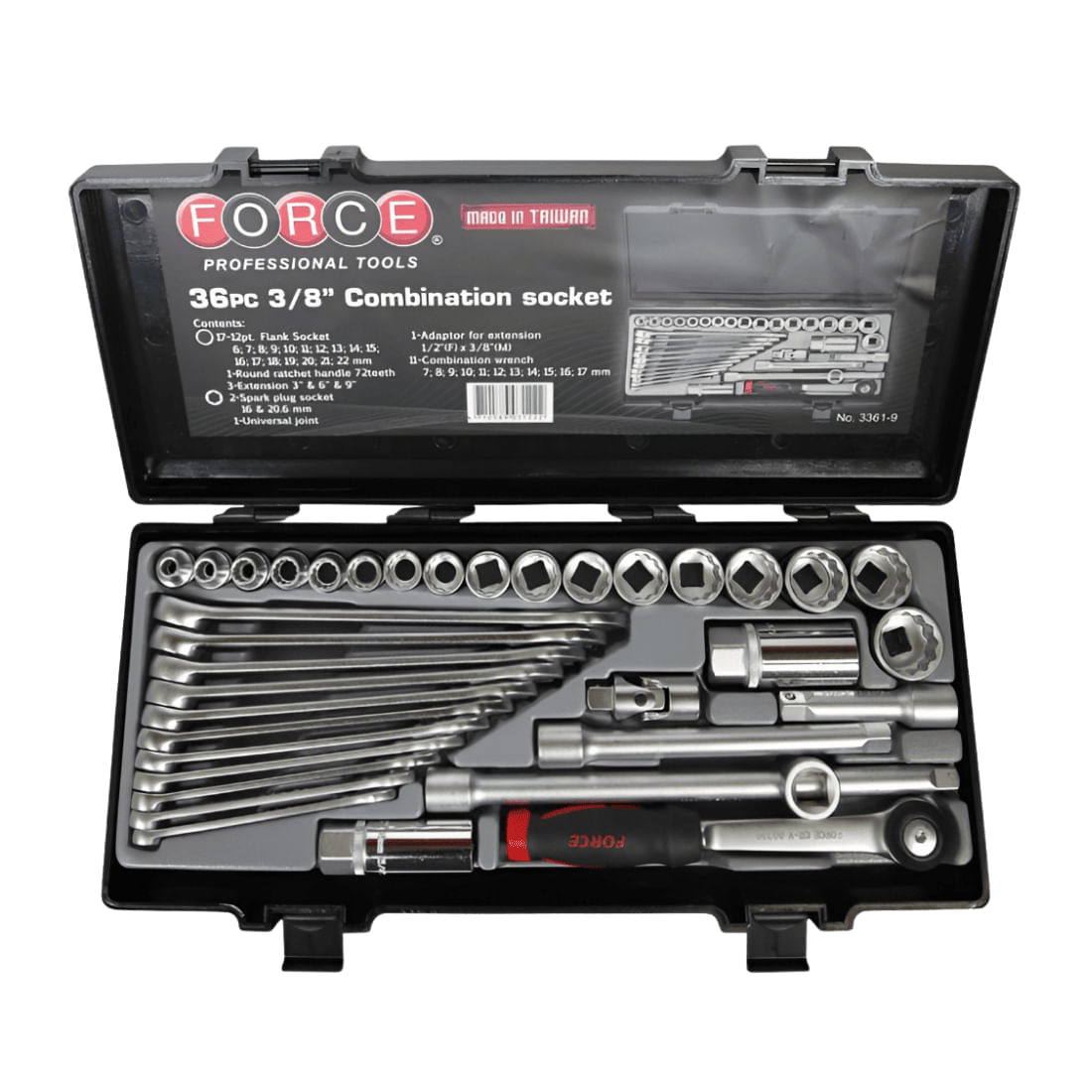 Juego 36 cubos mm 12 puntos espiga 3/8" y llaves corofija con estuche FORCE
