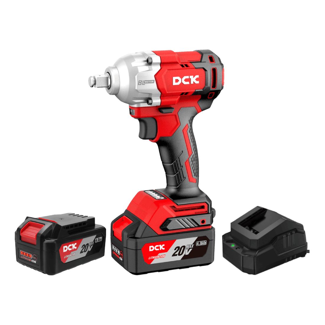 Pistola de impacto bateria 20v 12.7mm (1/2") 682nm 450w sin carbones + 2 bat 4ah y cargador DCK