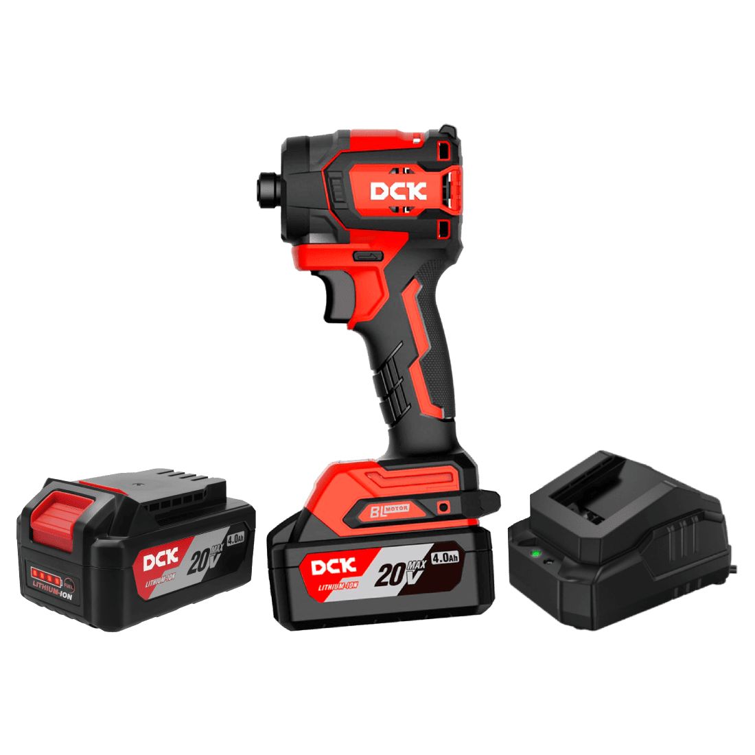 Atornillador de impacto bateria 20v 6.35mm (1/4") 208nm 600w sin carbones + 2 bat 4ah y carg DCK