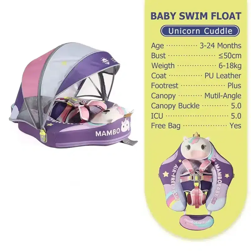 Flotador para bebé Mambobaby no inflable con cola antivuelco toldo UPF50+ 2 posiciones de nado unicornio 2 3 a 24 meses