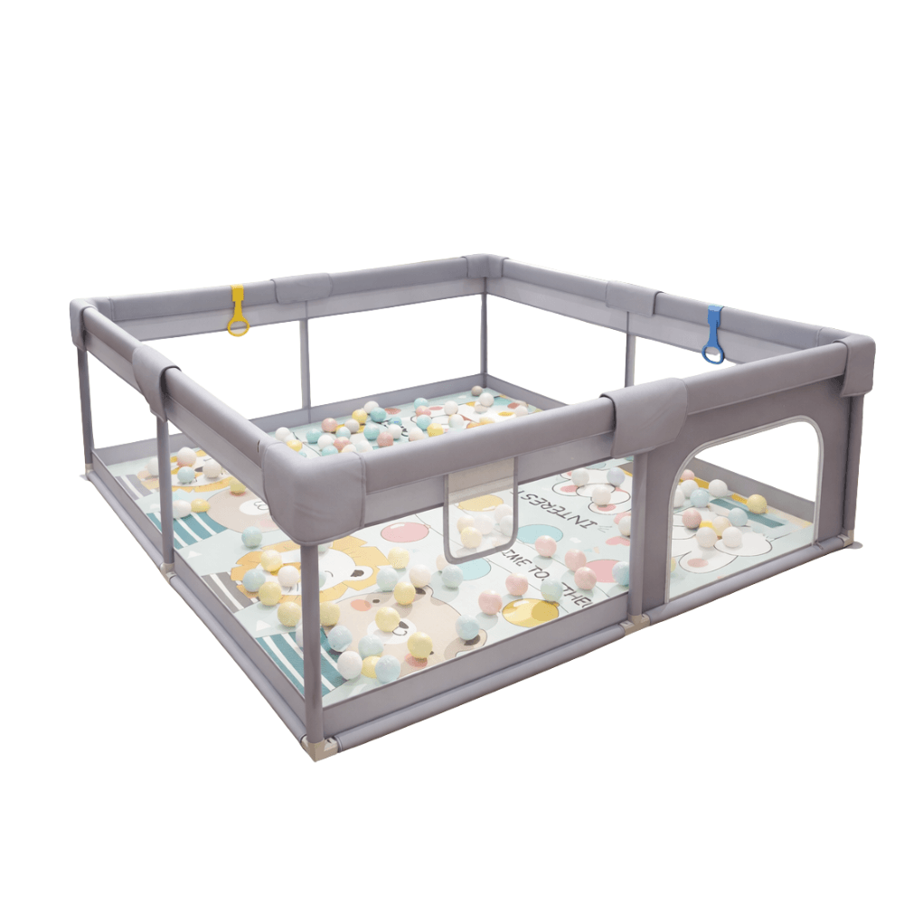 Corral juegos para bebés con malla de seguridad puerta con cremallera incluye accesorios 150×180 gris