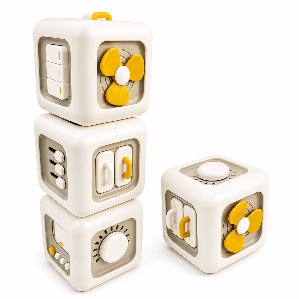 Cubo sensorial de actividades Montessori 6 en 1 para bebé color blanco y amarillo estimulación motora 6 meses 1 pza