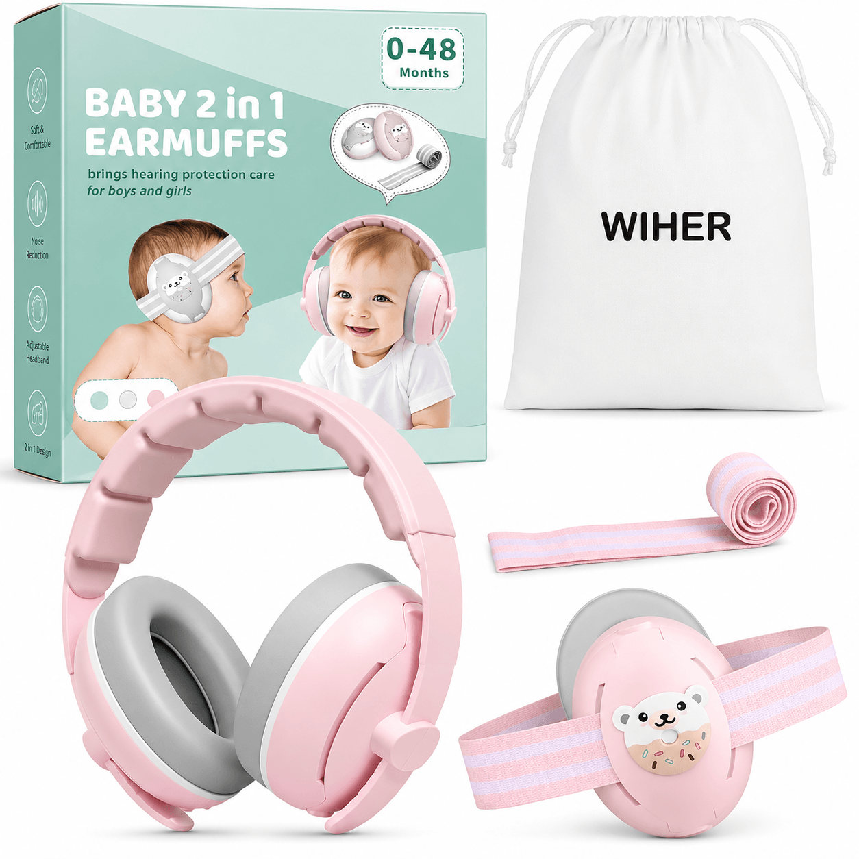 Auriculares protectores auditivos para bebé color rosado 2 en 1 ajustables con banda elástica 3 a 48 meses 1 pza