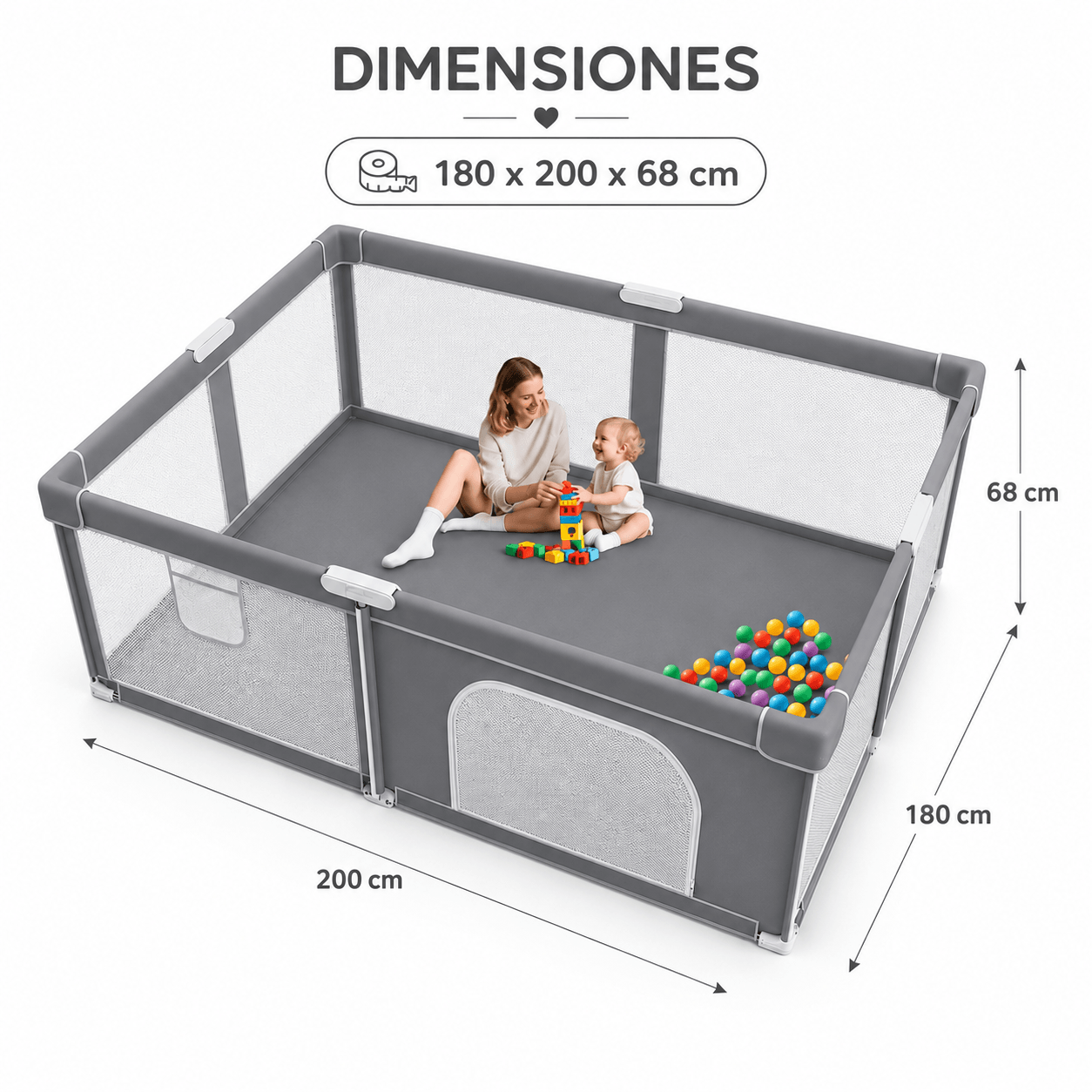 Corralito plegable para bebé con alfombra bolsa de transporte y bolas oceánicas color gris 180 x 200 x 68 cm