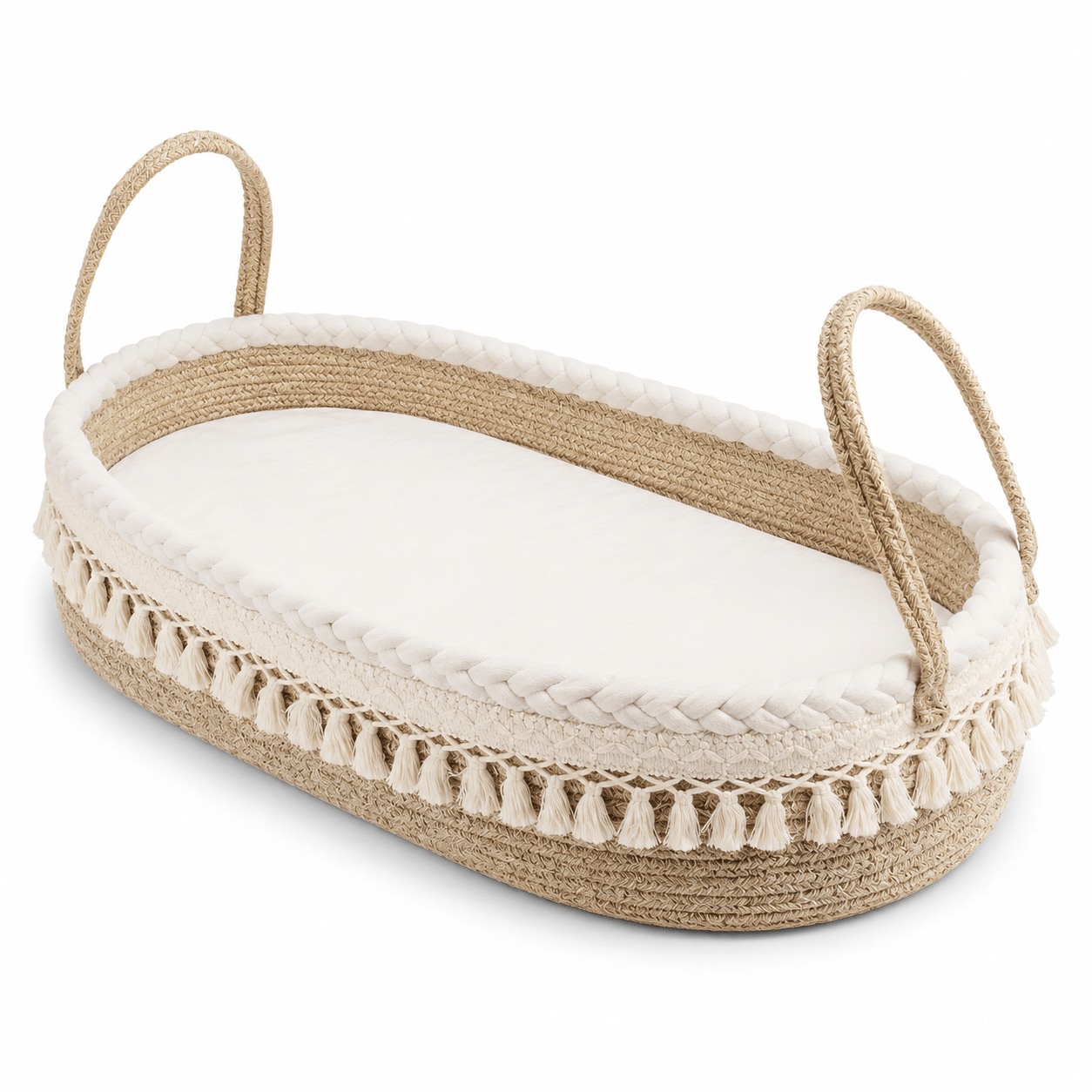 Cesta cambiadora para bebé de algodón color beige con colchón y asas decorativas 1 pza