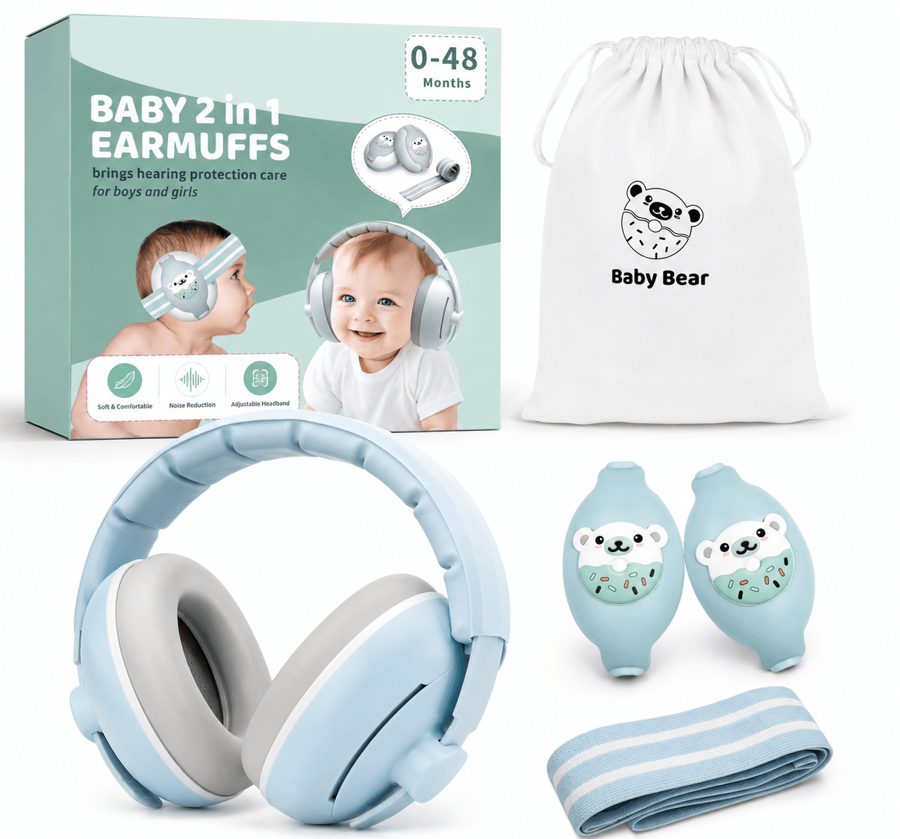 Auriculares Baby bear protectores auditivos para bebé color celeste 2 en 1 ajustables con banda elástica 3 a 48 meses 1 pza