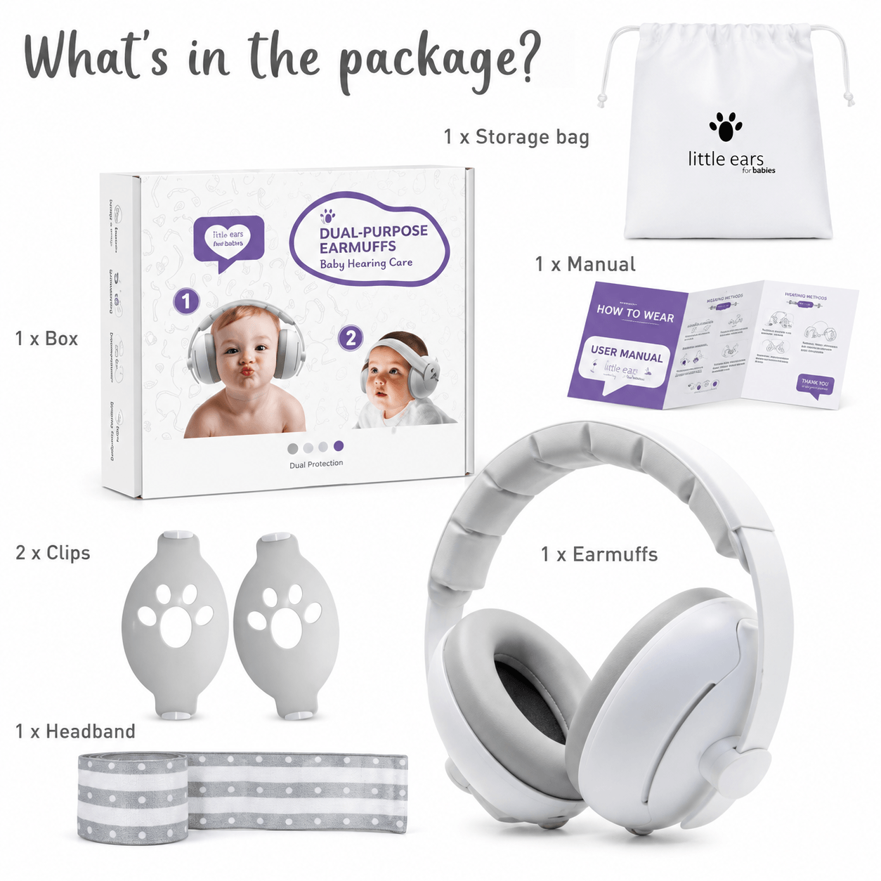 Auriculares protectores auditivos para bebé color gris 2 en 1 ajustables con banda elástica 3 a 48 meses 1 pza