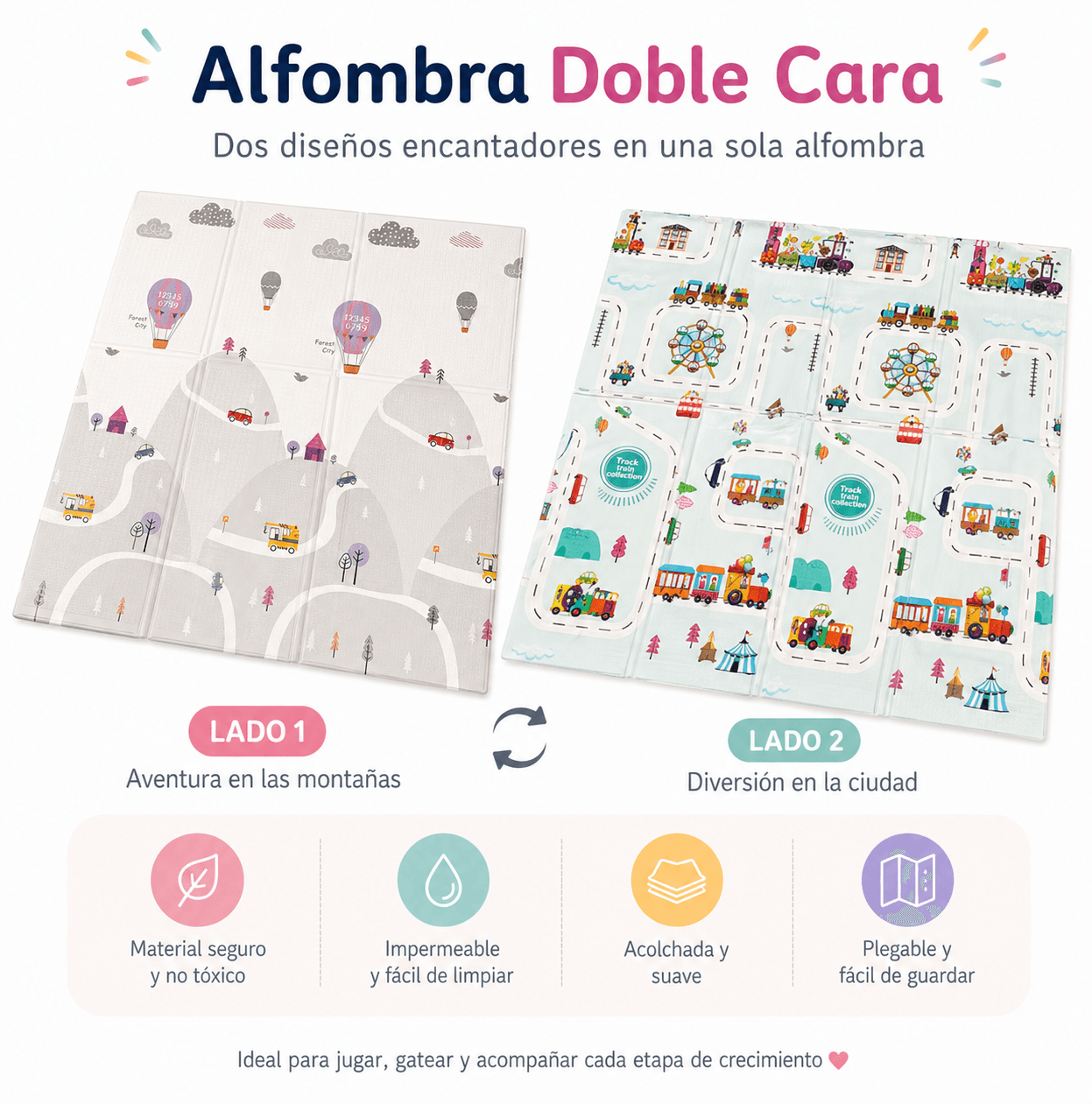 Alfombra de juego reversible y plegable diseño globo y ciudad 150x200 cm