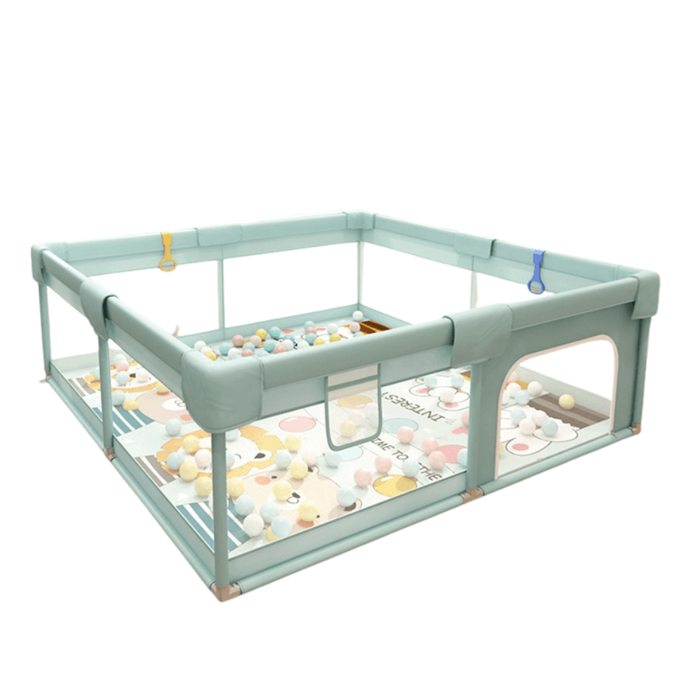 Corral juegos para bebés con malla de seguridad puerta con cremallera incluye accesorios 150×200 verde