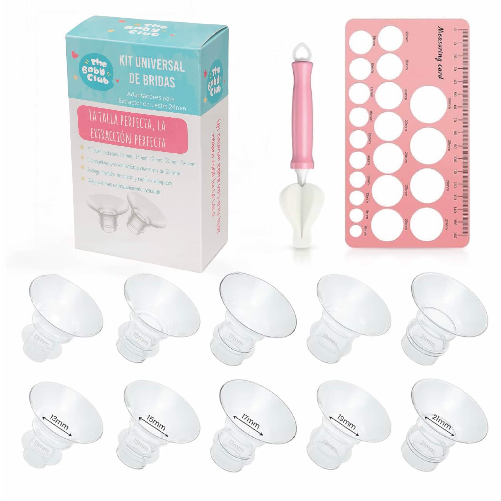 Insertos The Baby Club sin BPA para extractor de leche 24 con 13 15 17 19 y 21 mm regla de pezón y cepillo de limpieza