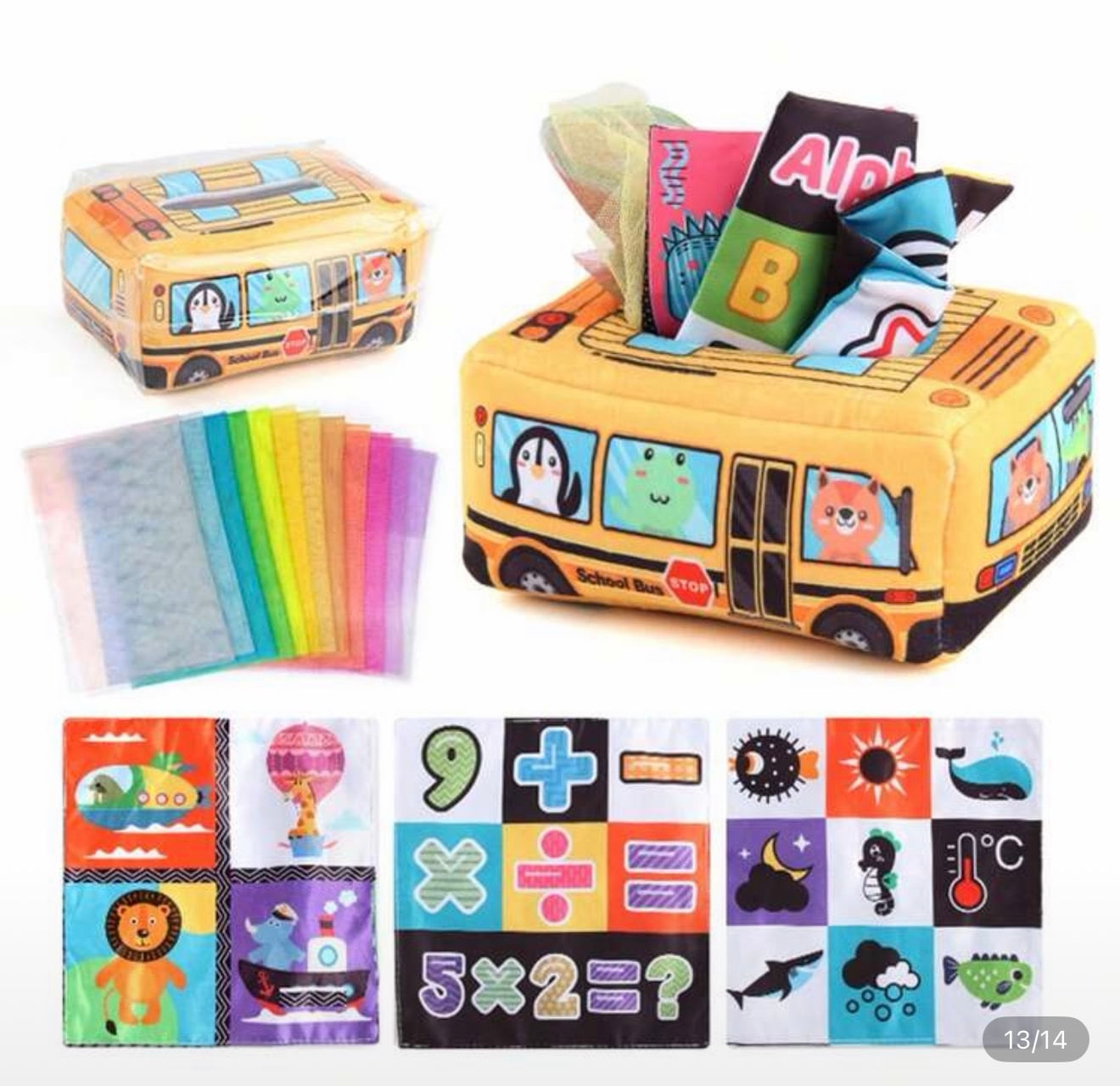 Caja de pañuelos sensoriales montessori para bebés desde 12 meses diseño autobús