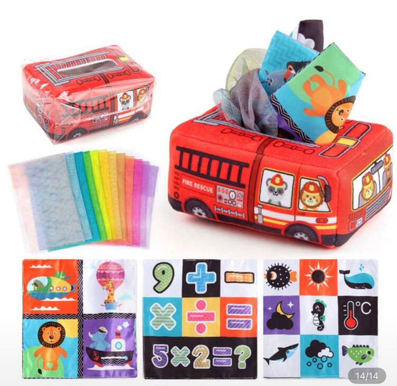 Caja de pañuelos sensoriales montessori para bebés desde 12 meses diseño bombero