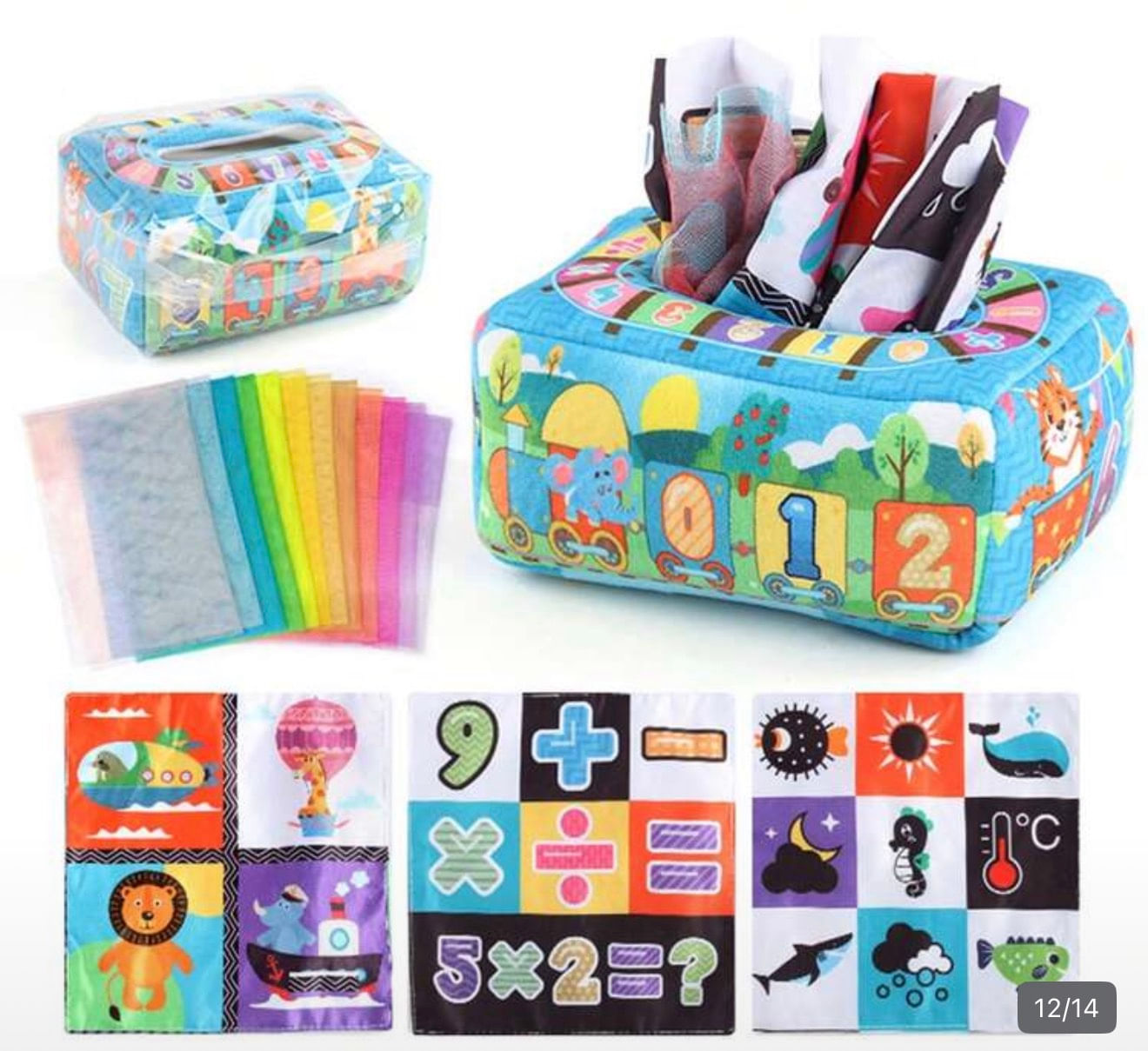 Caja de pañuelos sensoriales montessori para bebés desde 12 meses diseño número
