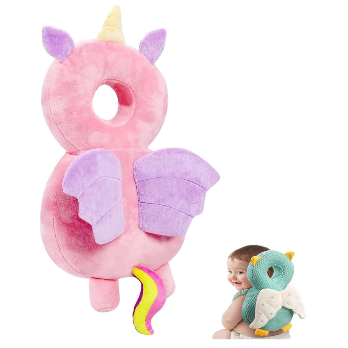 Protector de cabeza para bebé antigolpes diseño unicornio con alas con arnés ajustable