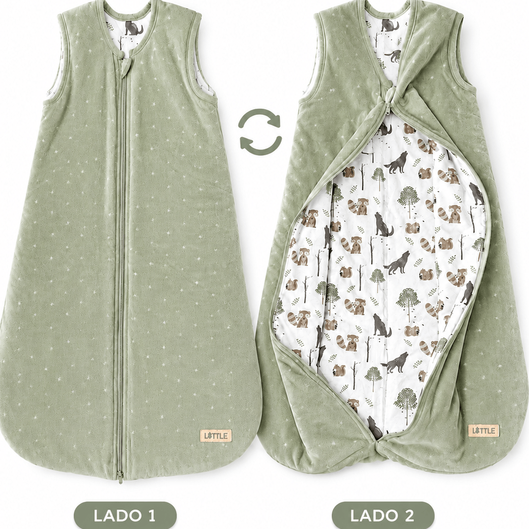 Saco de dormir reversible para bebé Little TOG 2 5 color verde estampado bosque suave y abrigado 90 cm