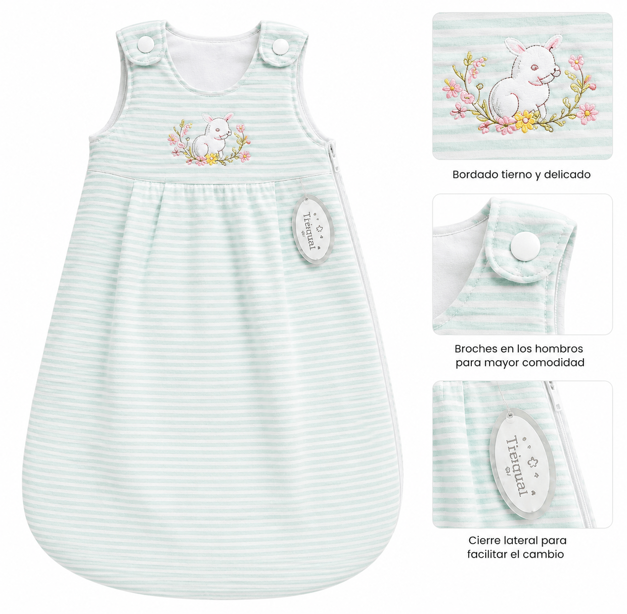 Saco de dormir para bebé Triangel rayas celestes con conejito 80 cm de 6 a 18 meses oeko tex color verde