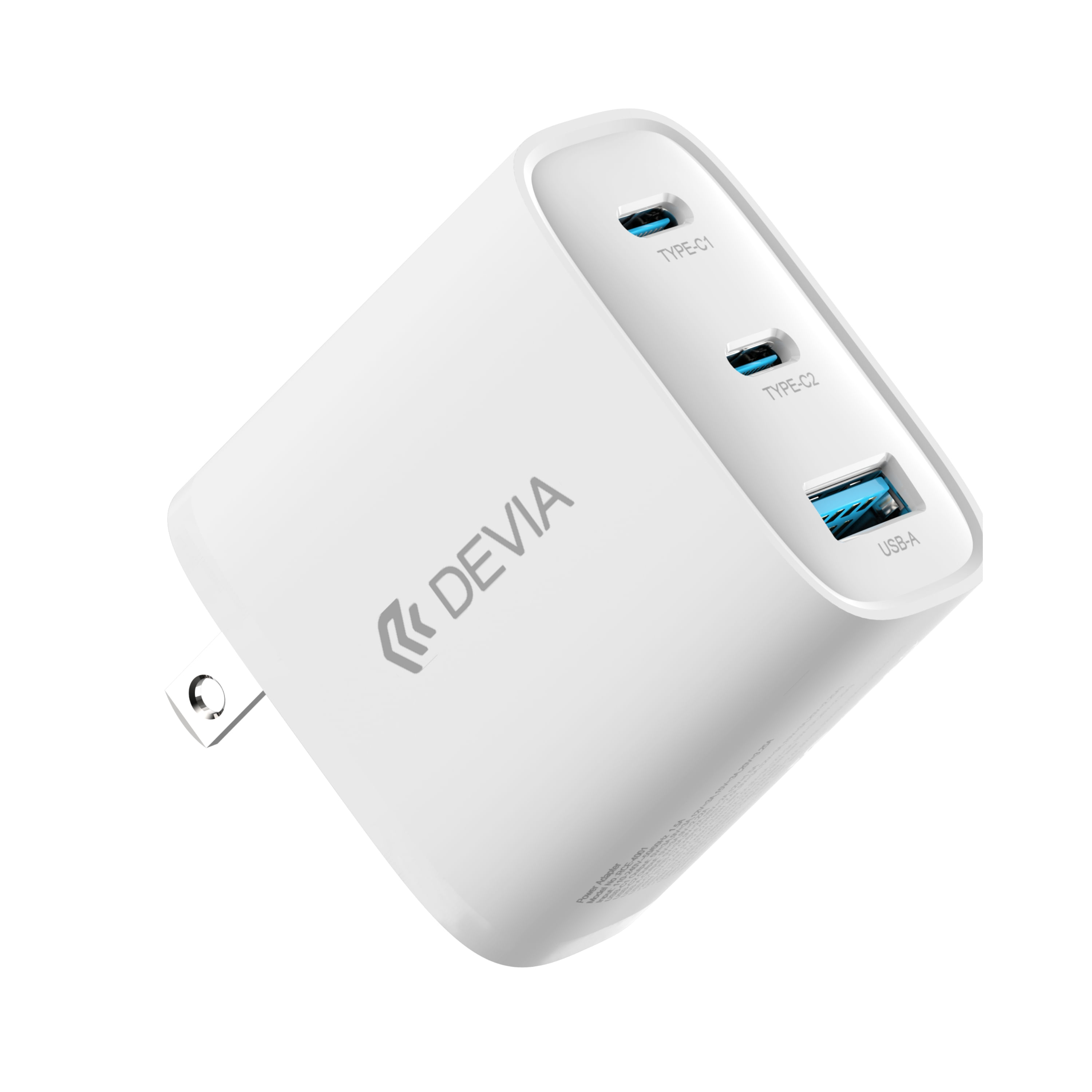 Cargador Devia 65W Carga Rápida dual USB-C y USB-A con cable incluido 2M, compatible con Apple, Samsung, Honor, Xiaomi