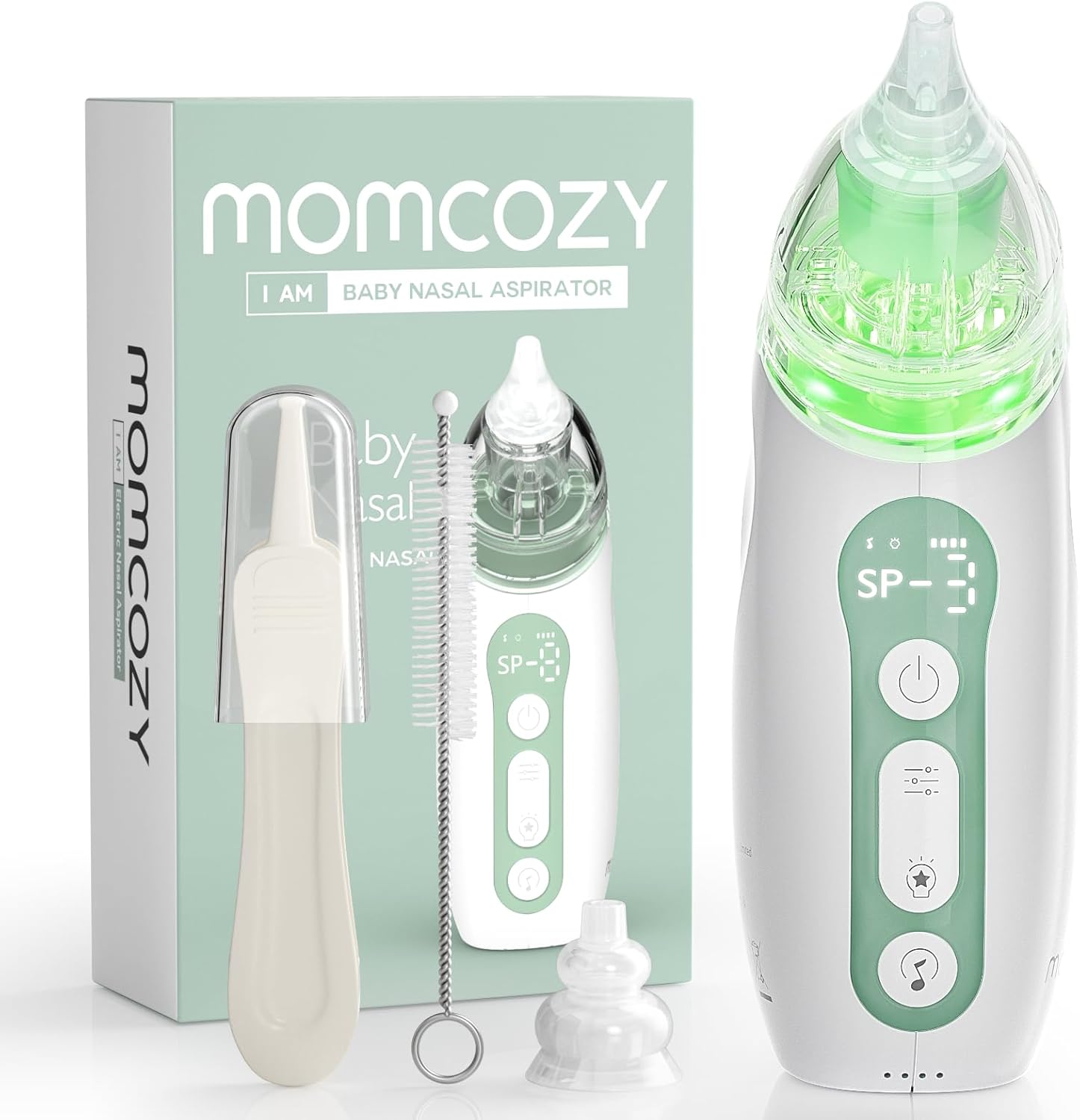Aspirador nasal eléctrico para bebé Momcozy con 3 niveles de succión luz y música recargable portátil con estuche