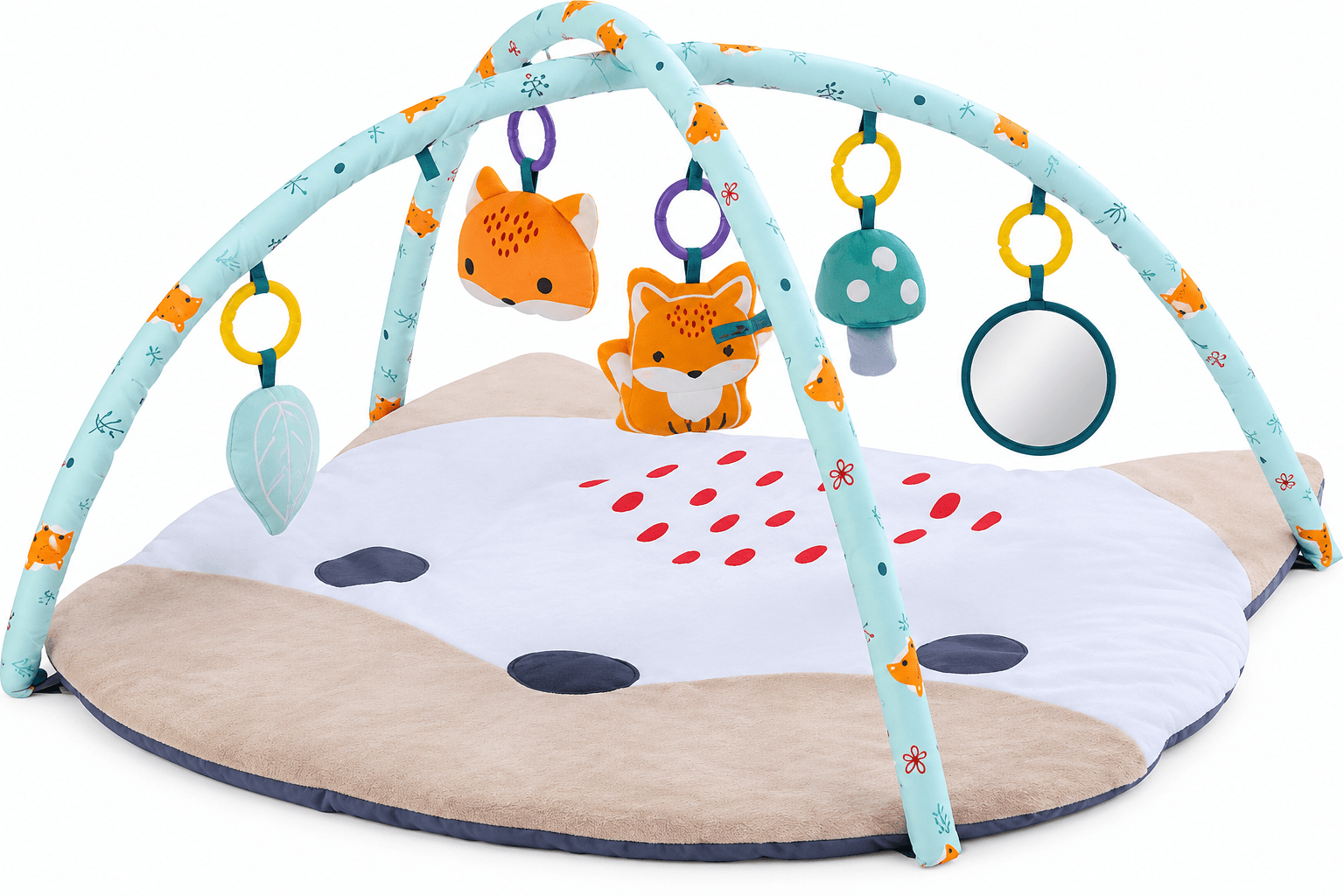 Gimnasio Konig Kids para bebé con tapete acolchado zorrito y 5 juguetes sensoriales