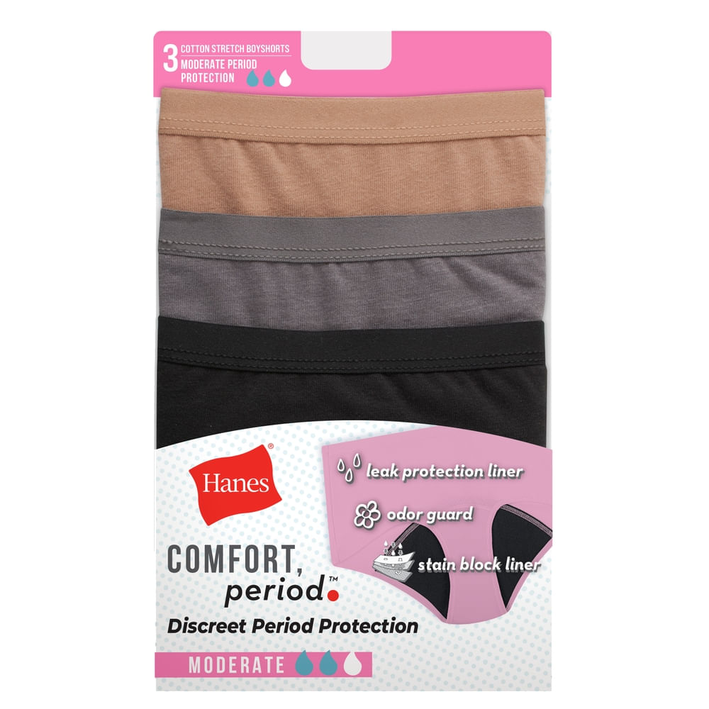 Boyshort Hanes, de Periodo para mujer, flujo Moderado, 3 pack surtido -Talla 8