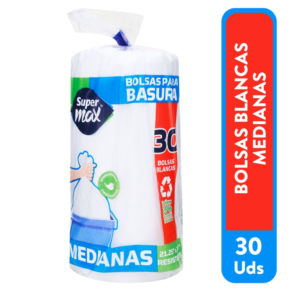 Bolsas Supermax para basura blancas mediana en rollo - 30 uds