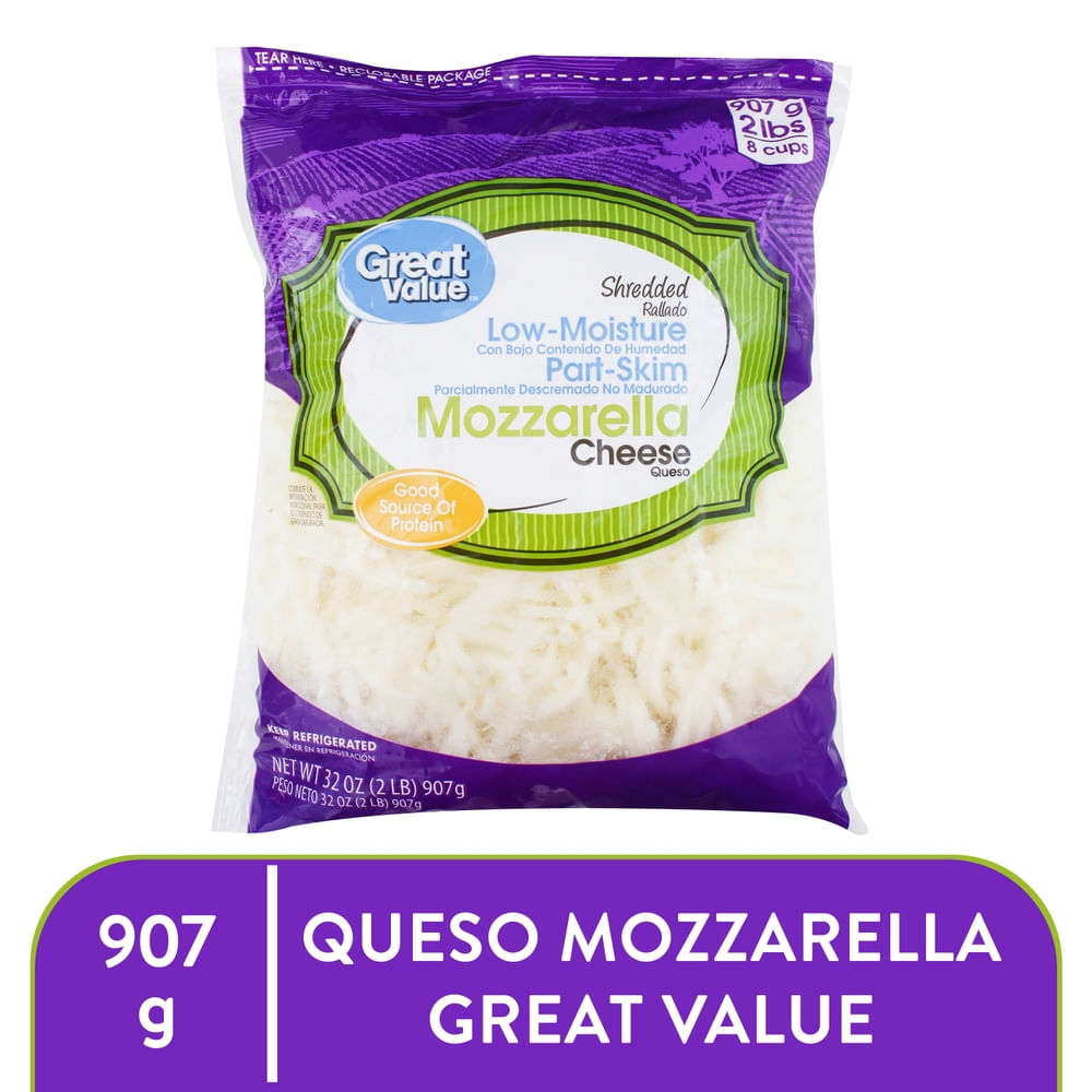 Queso Great Value Mozzarella Rallado Parcialmente Desnatado - 907 g