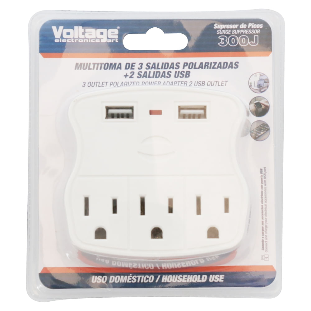 Enchufe Multiple Voltage de 3 salidas y 2 puertos USB
