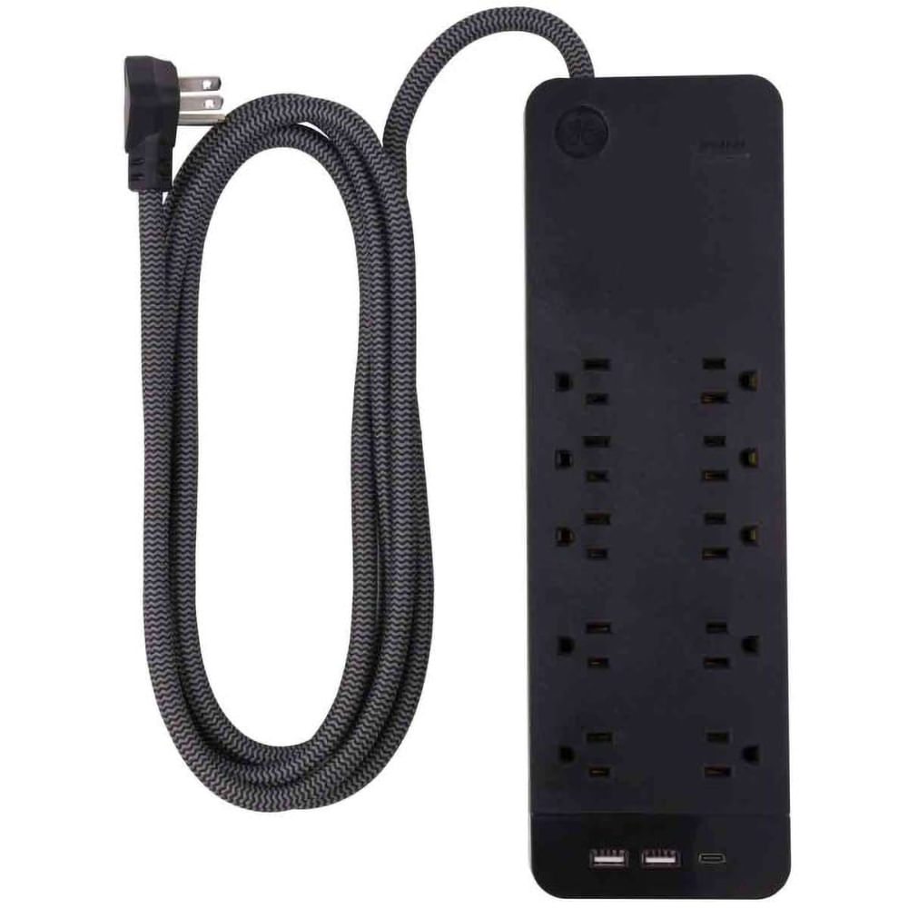Protector de picos GE 10 Tomas 2 USB-A 1 USB-C Cable Negro 41357