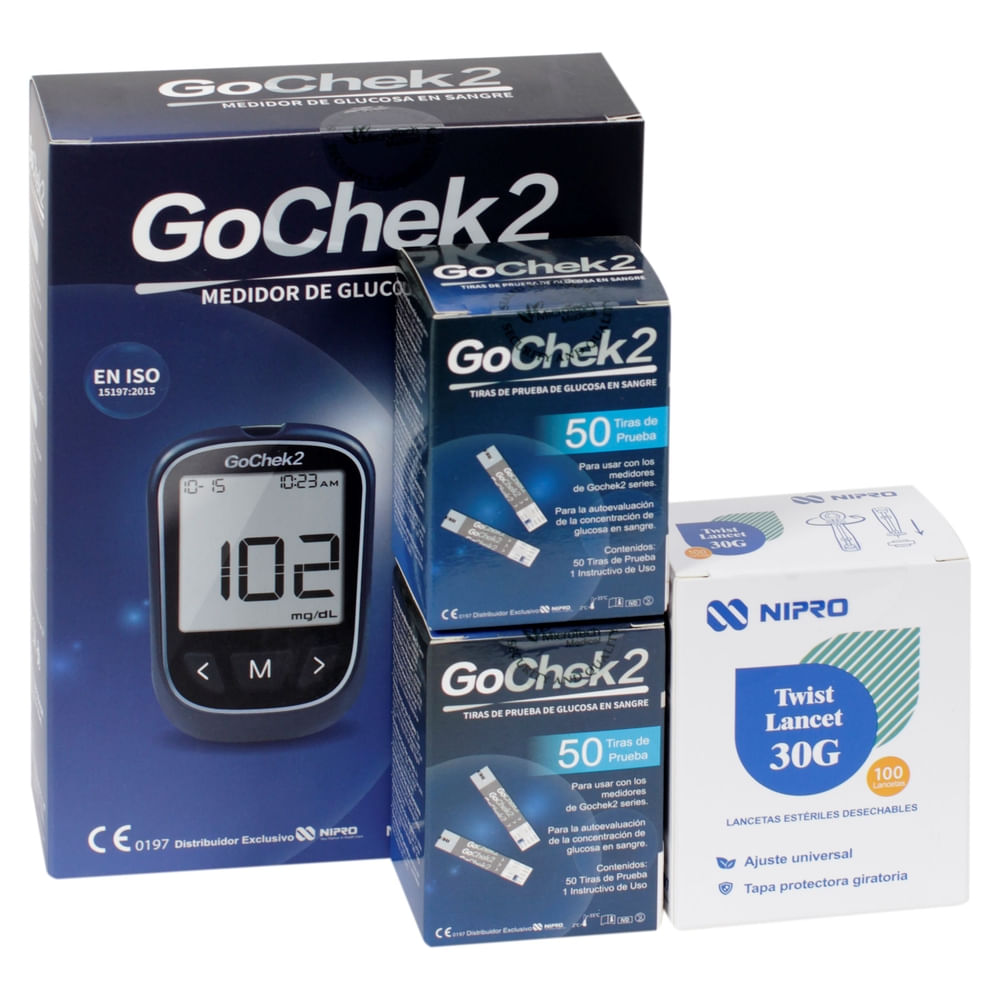 Kit de glucómetro Go chek 2 con 100 Tiras Reactivas y 100 Lancetas