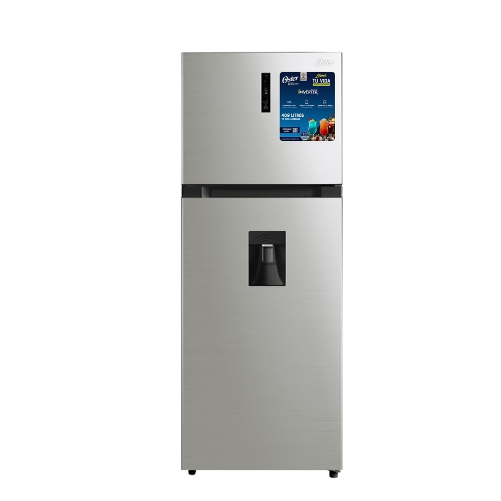 Oster Refrigeradora Gris metálico con dispensador de agua, capacidad 409 L - 14 Pies Cúbicos [OS-NFMI1502ESDI]